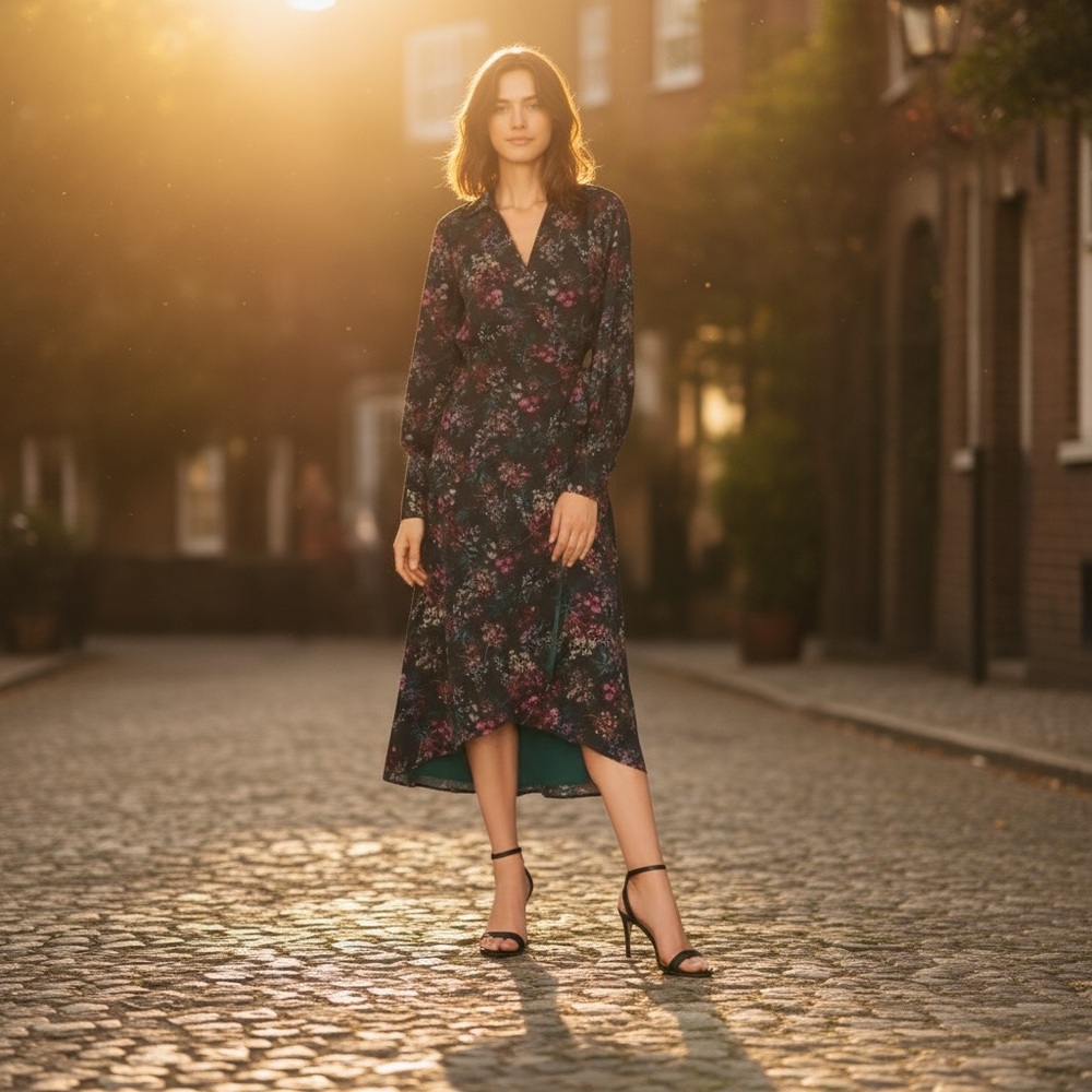 Floral Wrap Midi Dress in Dark Teal